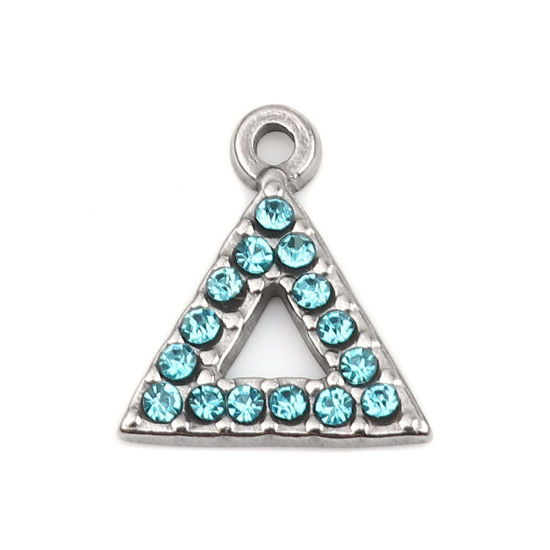Immagine di 304 Acciaio Inossidabile Charms Triangolo Tono Argento Zaffiro Chiaro Strass 15mm x 13mm, 2 Pz
