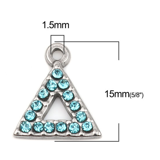 Immagine di 304 Acciaio Inossidabile Charms Triangolo Tono Argento Zaffiro Chiaro Strass 15mm x 13mm, 2 Pz