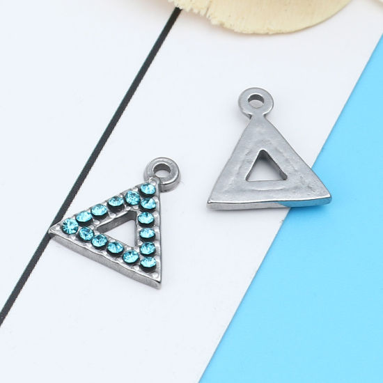 Immagine di 304 Acciaio Inossidabile Charms Triangolo Tono Argento Zaffiro Chiaro Strass 15mm x 13mm, 2 Pz