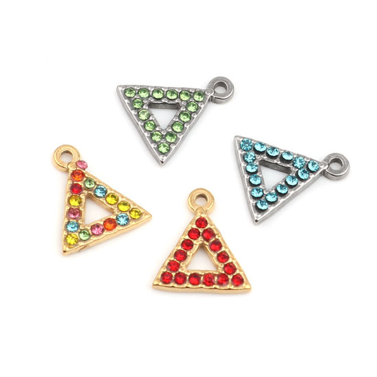 Immagine di 304 Acciaio Inossidabile Charms Triangolo Tono Argento Zaffiro Chiaro Strass 15mm x 13mm, 2 Pz