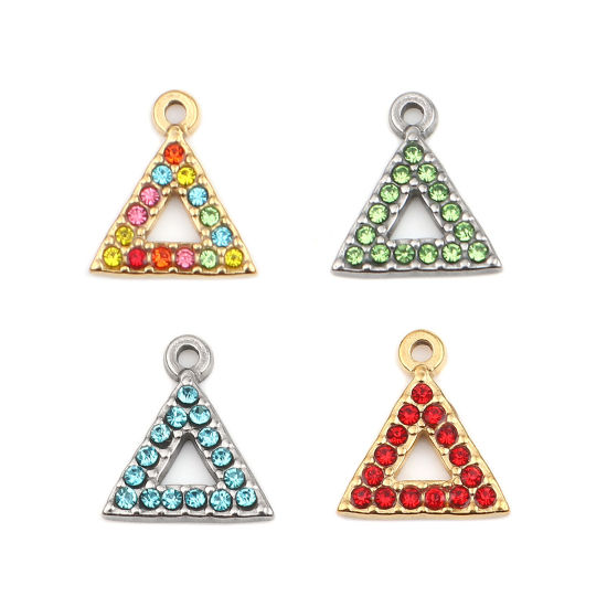 Immagine di 304 Acciaio Inossidabile Charms Triangolo Tono Argento Zaffiro Chiaro Strass 15mm x 13mm, 2 Pz