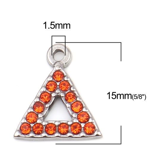 Immagine di 304 Acciaio Inossidabile Charms Triangolo Tono Argento Arancione-Rosso Strass 15mm x 13mm, 2 Pz