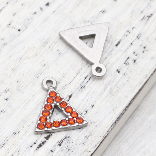 Immagine di 304 Acciaio Inossidabile Charms Triangolo Tono Argento Arancione-Rosso Strass 15mm x 13mm, 2 Pz