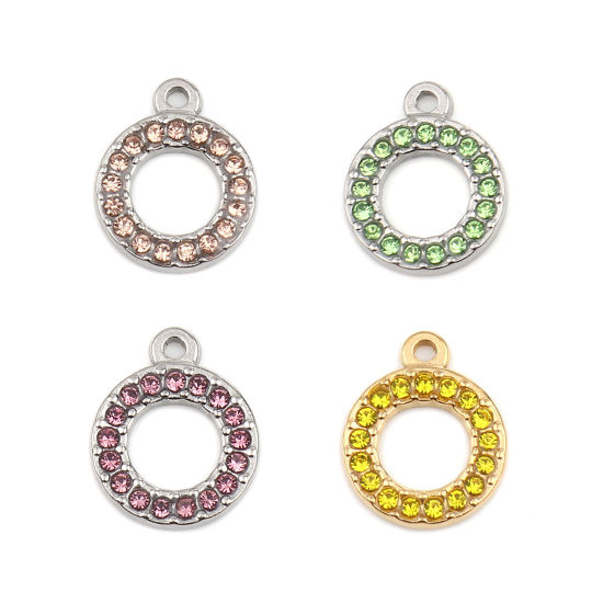 Immagine di 304 Acciaio Inossidabile Charms Anello Tono Argento Arancione Chiaro Strass 16mm x 13mm, 2 Pz