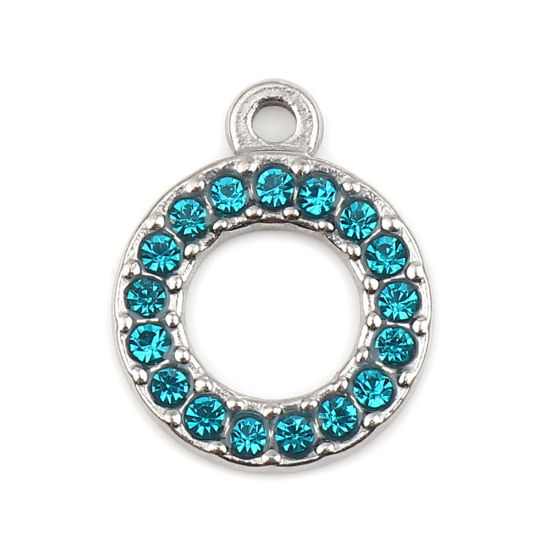 Immagine di 304 Acciaio Inossidabile Charms Anello Tono Argento Lago Blu Strass 16mm x 13mm, 2 Pz