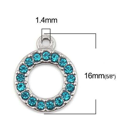 Immagine di 304 Acciaio Inossidabile Charms Anello Tono Argento Lago Blu Strass 16mm x 13mm, 2 Pz