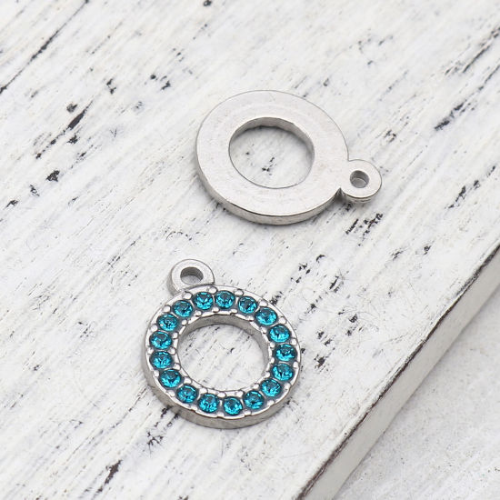 Immagine di 304 Acciaio Inossidabile Charms Anello Tono Argento Lago Blu Strass 16mm x 13mm, 2 Pz