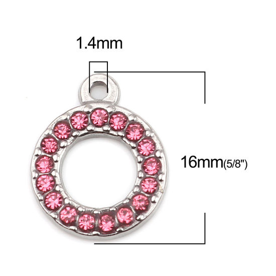 Immagine di 304 Acciaio Inossidabile Charms Anello Tono Argento Roso Strass 16mm x 13mm, 2 Pz