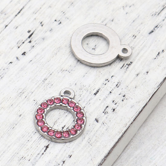 Immagine di 304 Acciaio Inossidabile Charms Anello Tono Argento Roso Strass 16mm x 13mm, 2 Pz