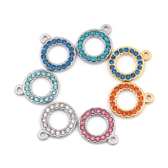 Immagine di 304 Acciaio Inossidabile Charms Anello Tono Argento Roso Strass 16mm x 13mm, 2 Pz