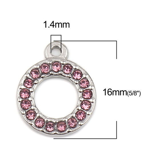 Immagine di 304 Acciaio Inossidabile Charms Anello Tono Argento Rosa Viola Strass 16mm x 13mm, 2 Pz