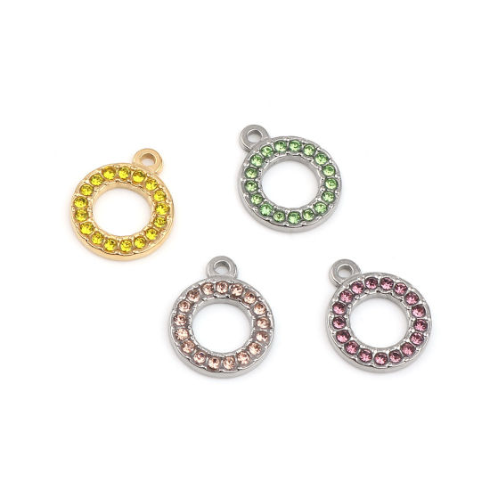 Immagine di 304 Acciaio Inossidabile Charms Anello Tono Argento Rosa Viola Strass 16mm x 13mm, 2 Pz