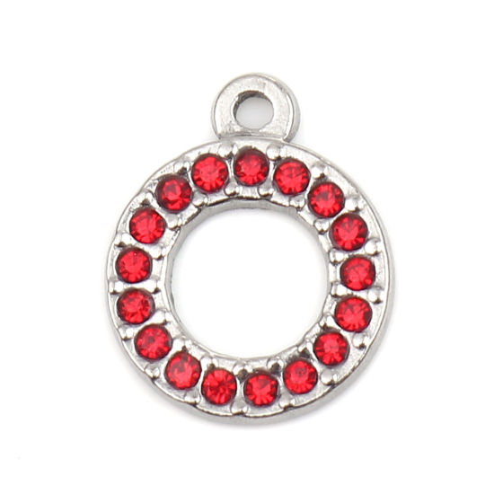 Immagine di 304 Acciaio Inossidabile Charms Anello Tono Argento Rosso Strass 16mm x 13mm, 2 Pz