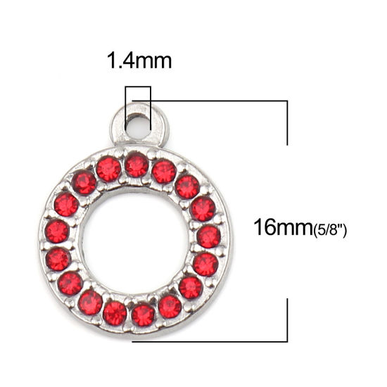 Immagine di 304 Acciaio Inossidabile Charms Anello Tono Argento Rosso Strass 16mm x 13mm, 2 Pz