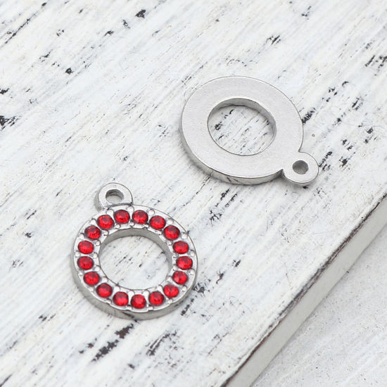 Immagine di 304 Acciaio Inossidabile Charms Anello Tono Argento Rosso Strass 16mm x 13mm, 2 Pz