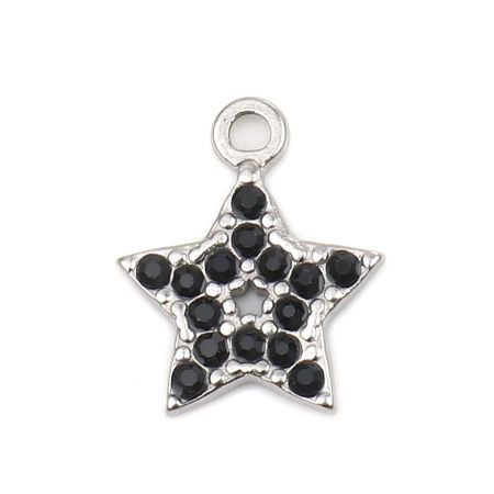Image de Breloques en 304 Acier Inoxydable Etoile Argent Mat à Strass Noir 15mm x 12mm , 2 Pcs