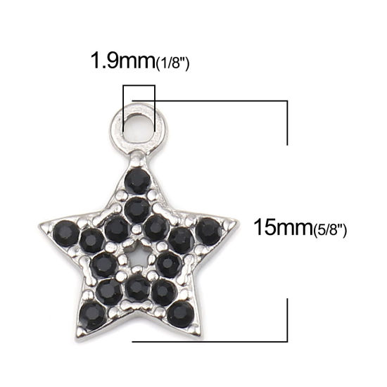 Image de Breloques en 304 Acier Inoxydable Etoile Argent Mat à Strass Noir 15mm x 12mm , 2 Pcs