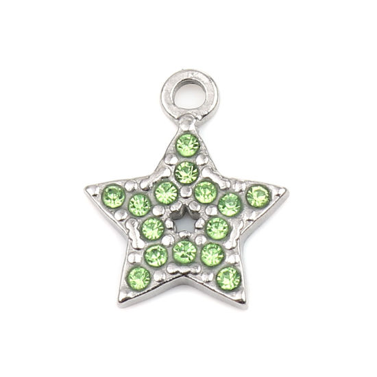 Image de Breloques en 304 Acier Inoxydable Etoile Argent Mat à Strass Vert 15mm x 12mm , 2 Pcs