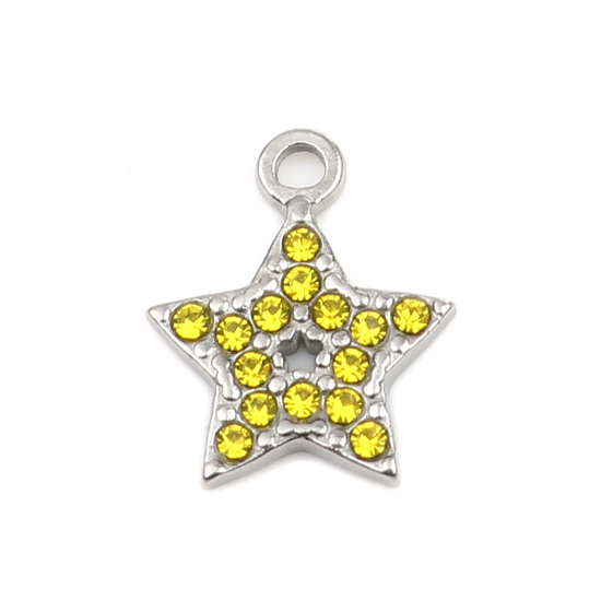 Image de Breloques en 304 Acier Inoxydable Etoile Argent Mat à Strass Jaune 15mm x 12mm , 2 Pcs