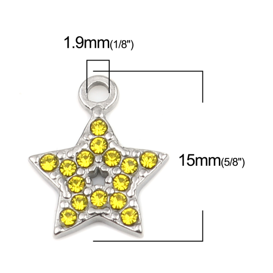 Image de Breloques en 304 Acier Inoxydable Etoile Argent Mat à Strass Jaune 15mm x 12mm , 2 Pcs