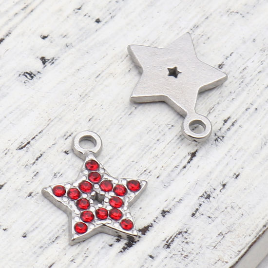 Image de Breloques en 304 Acier Inoxydable Etoile Argent Mat à Strass Rouge 15mm x 12mm , 2 Pcs