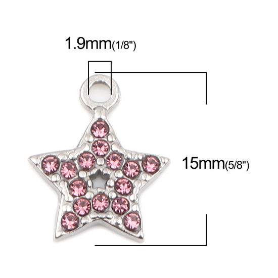 Image de Breloques en 304 Acier Inoxydable Etoile Argent Mat à Strass Mauve 15mm x 12mm , 2 Pcs