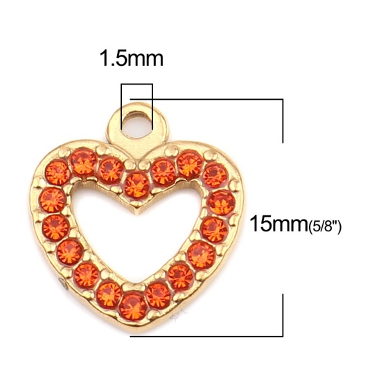 Image de Breloques en 304 Acier Inoxydable Cœur Doré à Strass Orange 15mm x 14mm , 2 Pcs