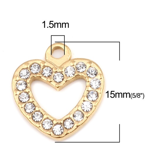 Picture of 304 Stainless Steel Charms Heart Gold Plated Clear Rhinestone 15mm x 14mm, 2 PCs