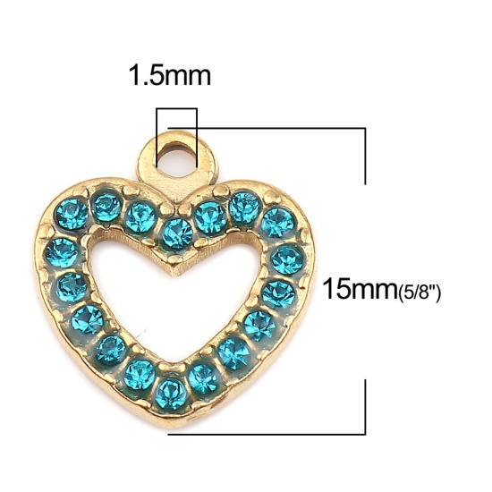 Picture of 304 Stainless Steel Charms Heart Gold Plated Lake Blue Rhinestone 15mm x 14mm, 2 PCs