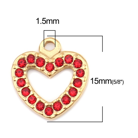 Picture of 304 Stainless Steel Charms Heart Gold Plated Red Rhinestone 15mm x 14mm, 2 PCs