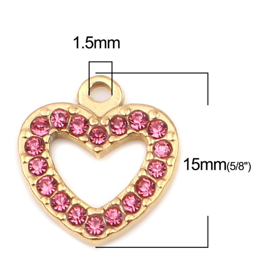 Image de Breloques en 304 Acier Inoxydable Cœur Doré à Strass Rose 15mm x 14mm , 2 Pcs