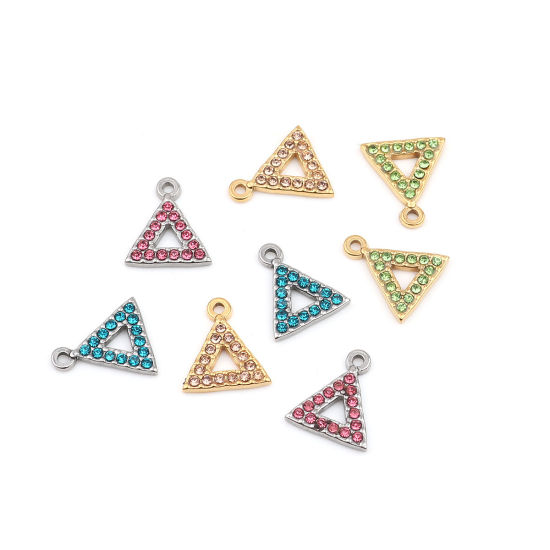 Immagine di 304 Acciaio Inossidabile Charms Triangolo Oro Placcato Verde Strass 15mm x 13mm, 2 Pz