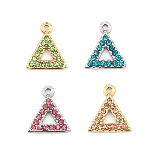 Immagine di 304 Acciaio Inossidabile Charms Triangolo Oro Placcato Verde Strass 15mm x 13mm, 2 Pz