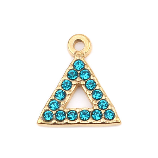 Immagine di 304 Acciaio Inossidabile Charms Triangolo Oro Placcato Lago Blu Strass 15mm x 13mm, 2 Pz