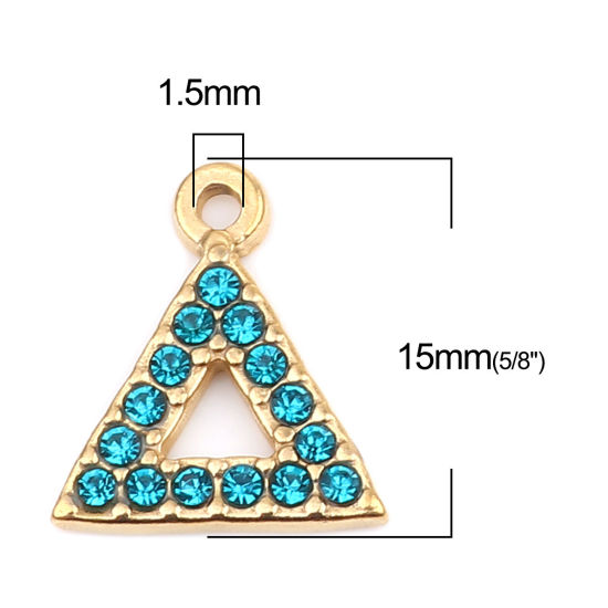 Immagine di 304 Acciaio Inossidabile Charms Triangolo Oro Placcato Lago Blu Strass 15mm x 13mm, 2 Pz