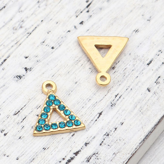 Immagine di 304 Acciaio Inossidabile Charms Triangolo Oro Placcato Lago Blu Strass 15mm x 13mm, 2 Pz