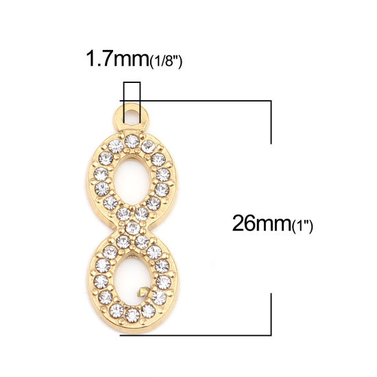 304ステンレス鋼 チャーム 無限大記号 金メッキ 透明 ラインストーン 26mm x 10mm、 2 個 の画像