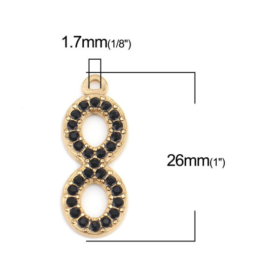304ステンレス鋼 チャーム 無限大記号 金メッキ ブラック ラインストーン 26mm x 10mm、 2 個 の画像