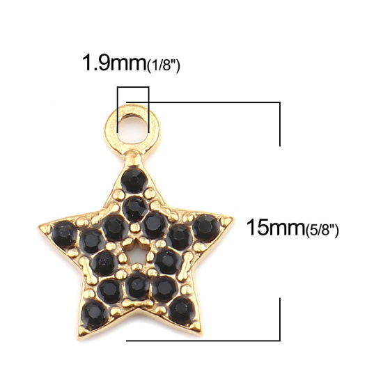 Immagine di 304 Acciaio Inossidabile Charms Stella a Cinque Punte Oro Placcato Nero Strass 15mm x 12mm, 2 Pz