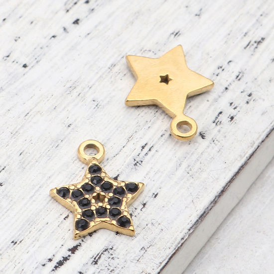 Immagine di 304 Acciaio Inossidabile Charms Stella a Cinque Punte Oro Placcato Nero Strass 15mm x 12mm, 2 Pz