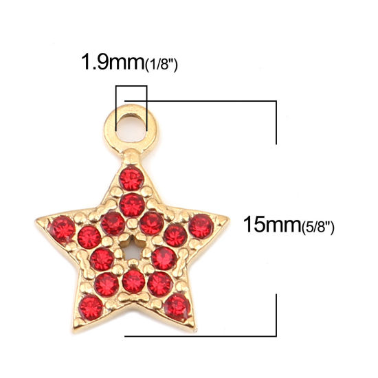 Immagine di 304 Acciaio Inossidabile Charms Stella a Cinque Punte Oro Placcato Rosso Strass 15mm x 12mm, 2 Pz