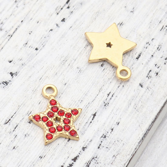 Immagine di 304 Acciaio Inossidabile Charms Stella a Cinque Punte Oro Placcato Rosso Strass 15mm x 12mm, 2 Pz