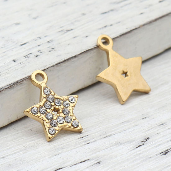 Immagine di 304 Acciaio Inossidabile Charms Stella a Cinque Punte Oro Placcato Trasparente Strass 15mm x 12mm, 2 Pz