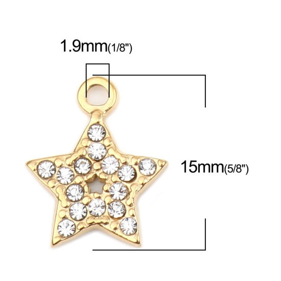 Immagine di 304 Acciaio Inossidabile Charms Stella a Cinque Punte Oro Placcato Trasparente Strass 15mm x 12mm, 2 Pz