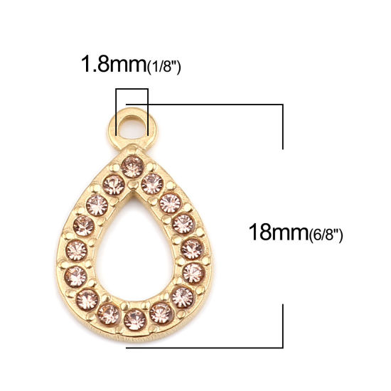 304ステンレス鋼 チャーム 滴 ドロップ 金メッキ ライトオレンジ ラインストーン 18mm x 12mm、 2 個 の画像