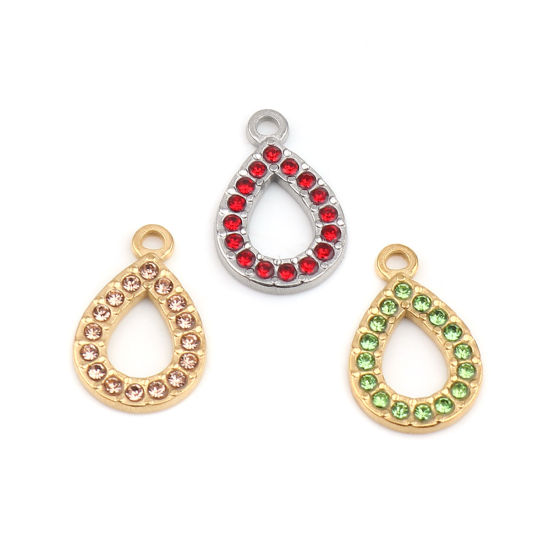 304ステンレス鋼 チャーム 滴 ドロップ 金メッキ ライトオレンジ ラインストーン 18mm x 12mm、 2 個 の画像
