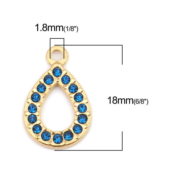 304ステンレス鋼 チャーム 滴 ドロップ 金メッキ ミッドナイトブルー ラインストーン 18mm x 12mm、 2 個 の画像