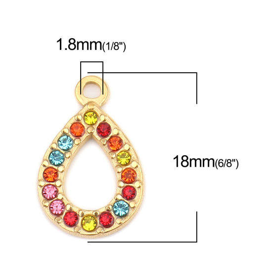 304ステンレス鋼 チャーム 滴 ドロップ 金メッキ 多色 ラインストーン 18mm x 12mm、 2 個 の画像