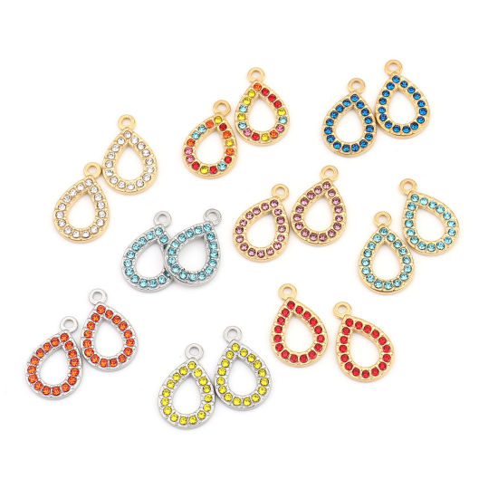 304ステンレス鋼 チャーム 滴 ドロップ 金メッキ 多色 ラインストーン 18mm x 12mm、 2 個 の画像