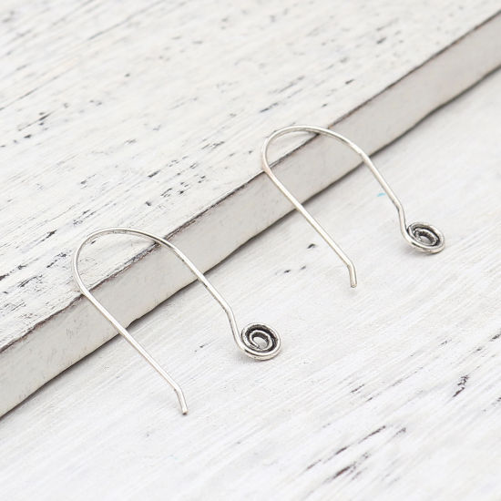 Picture of Zinc Based Alloy Ear Wire Hooks Earring Findings U-shaped Antique Silver Color W/ Loop 28mm x 18mm, Post/ Wire Size: (20 gauge), 10 PCs